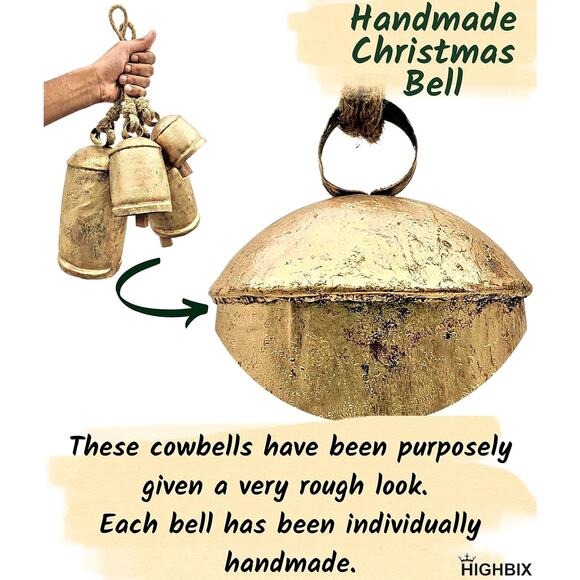 Set 3 Rustic Handmade Brass Cow Bells Vintage Large Christmas Hanging Decor - Picture 3 of 5
